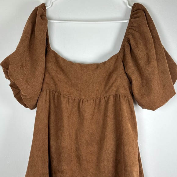 Blue Rain Women's Cassie Bow Back Corduroy Puff Sleeve Mini Brown Dress, Size L - Picture 3 of 12